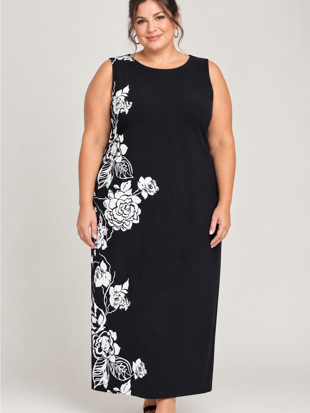 Sleeveless Black Midi Dress with White Floral Side Panel
